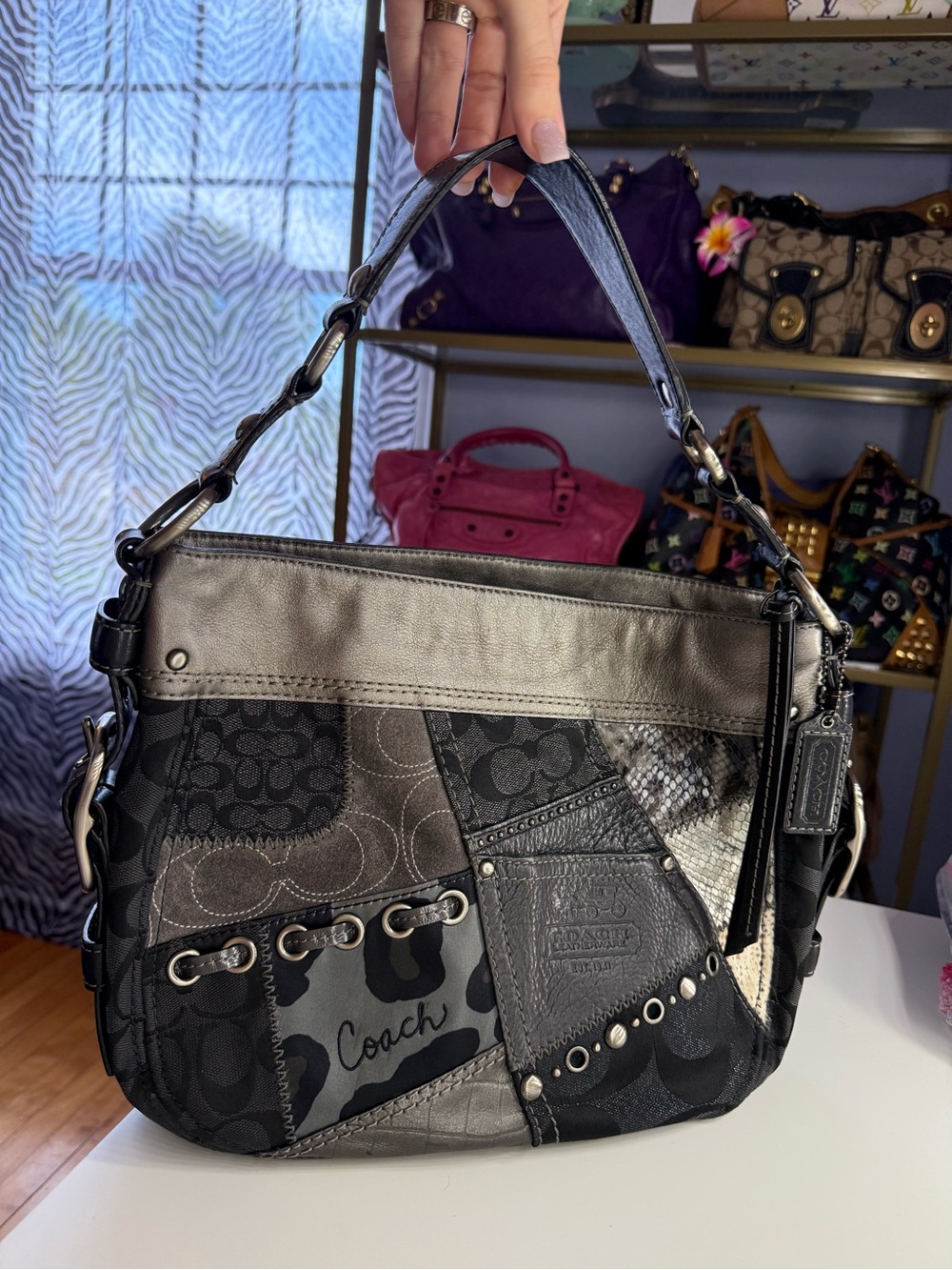 Coach Patchwork Signature Leather Hobo Bag - Black & Gray